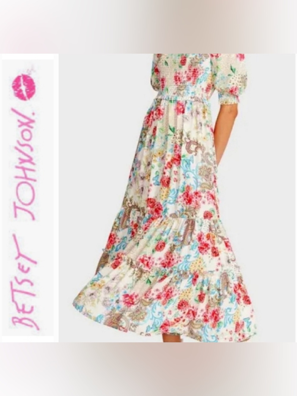 Betsey Johnson Cream Floral Smocked Maxi Dress